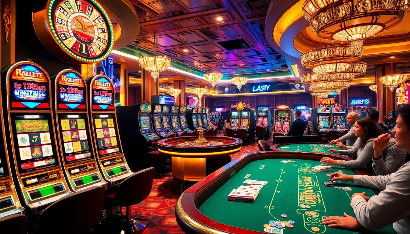 Players enjoying idnslot games at a luxurious casino with vibrant slot machines and a roulette wheel.
