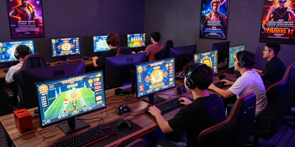 Para pemain terjun4d menikmati permainan Toto 4D dan slot online di ruangan modern yang penuh warna.