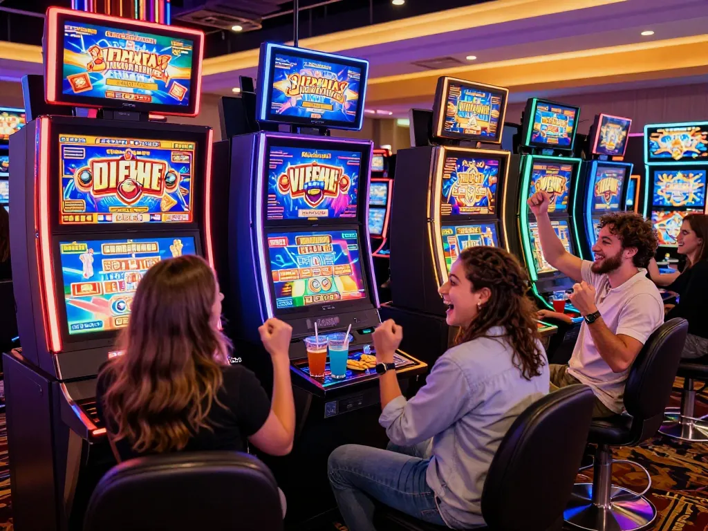 Friends celebrating wins at vibrant link slot machines in a lively casino atmosphere.