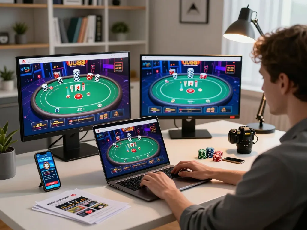 Engaging home gaming scene at UU88 with player using laptop for online casino.