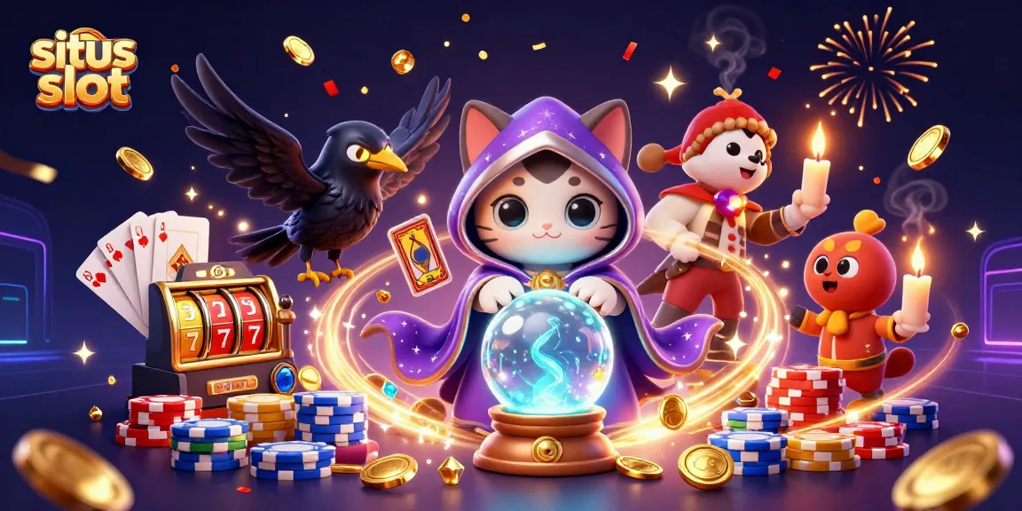 Engage with situs slot featuring a 3D fortune teller cat and tarot raven amidst dazzling casino elements.