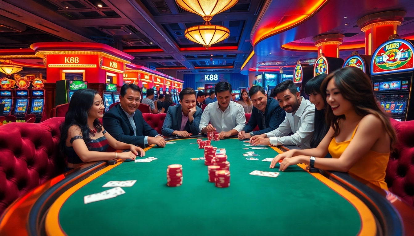 K88 casino scene with players engaged in poker at a high-stakes table, vibrant slot machines in the background.