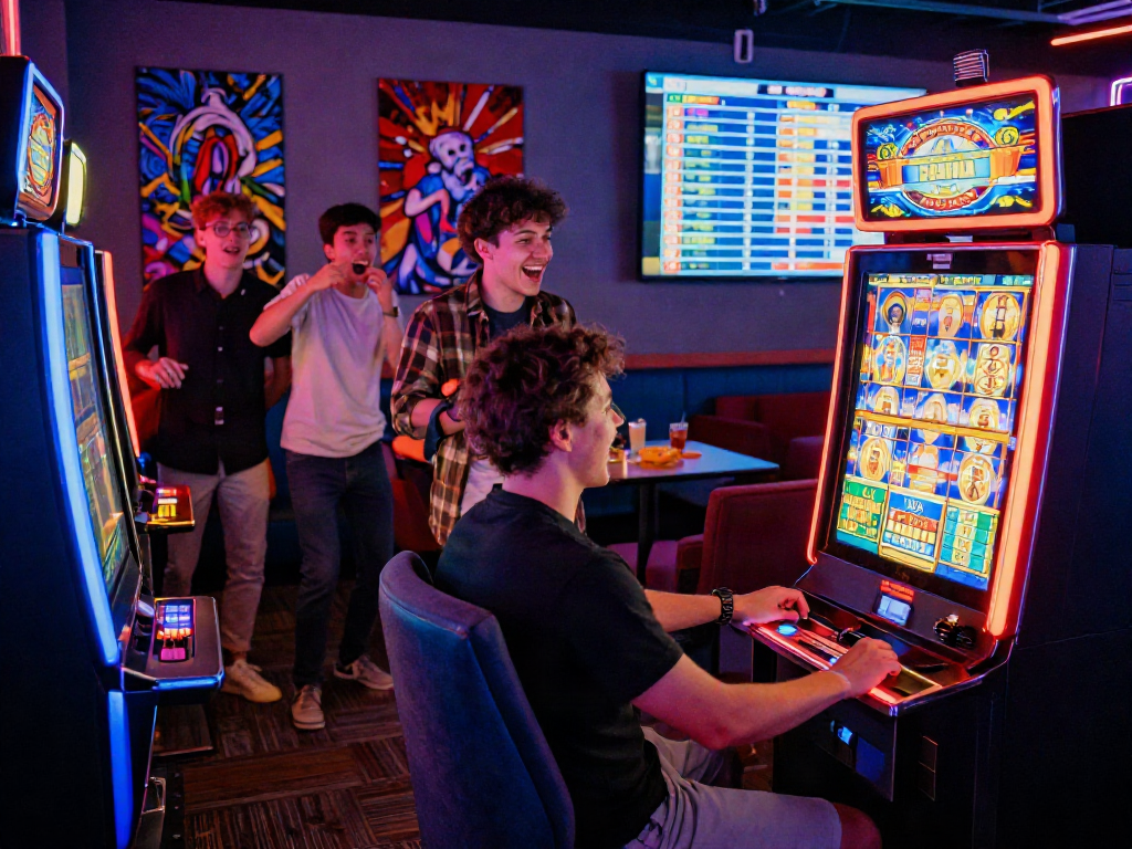 Friends enjoying slot machine excitement in a vibrant gaming lounge.