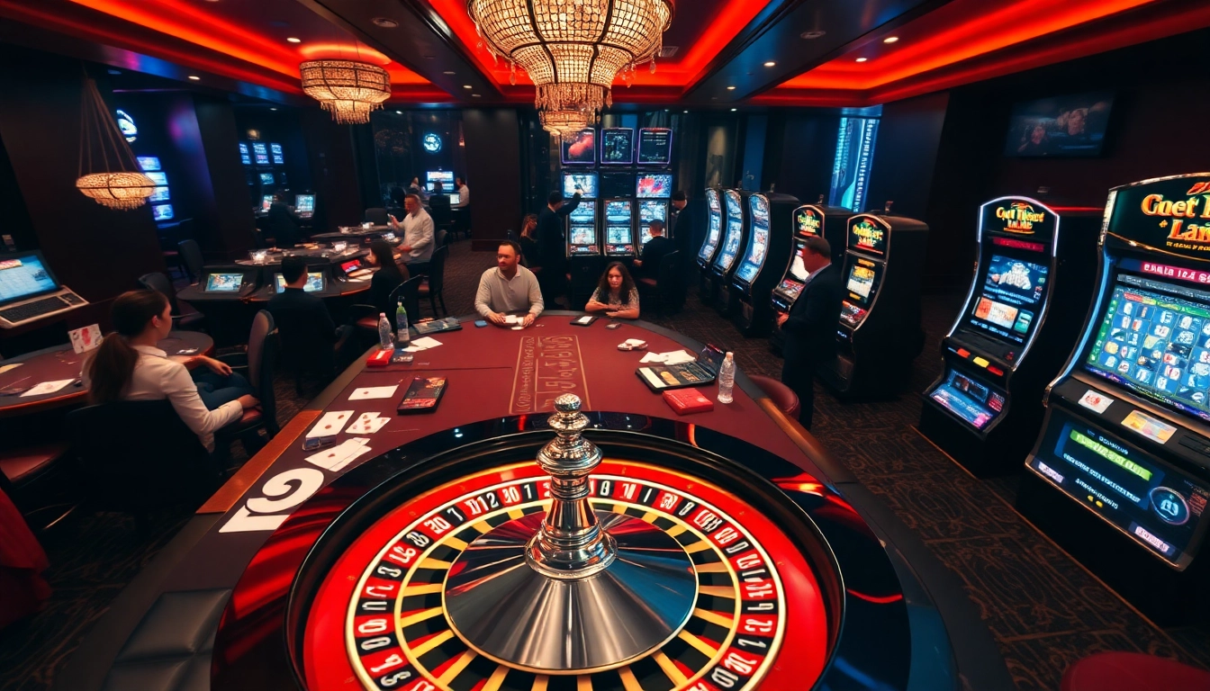 BET88 exciting casino experience with players engaging at roulette and slot machines.