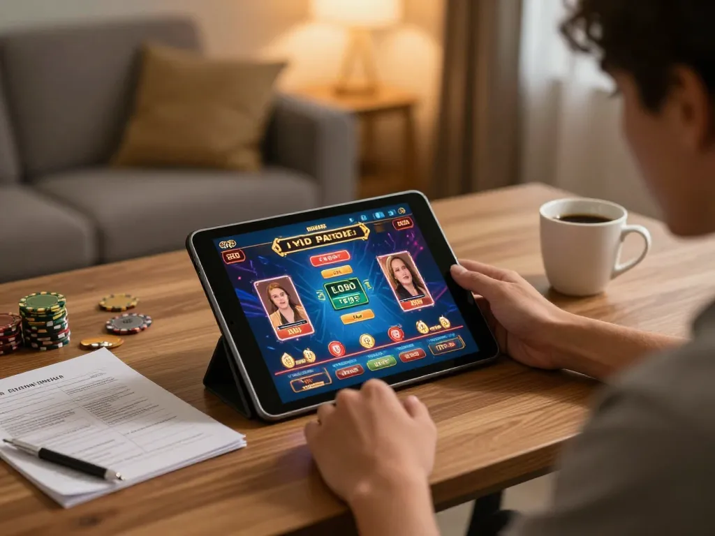 F8BET player researching winning strategies while enjoying home gaming atmosphere.
