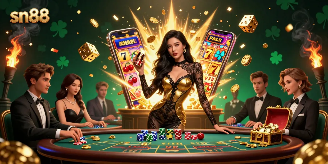 Experience exciting gameplay with sn88 at a high-stakes baccarat table featuring glamorous players and golden chips.