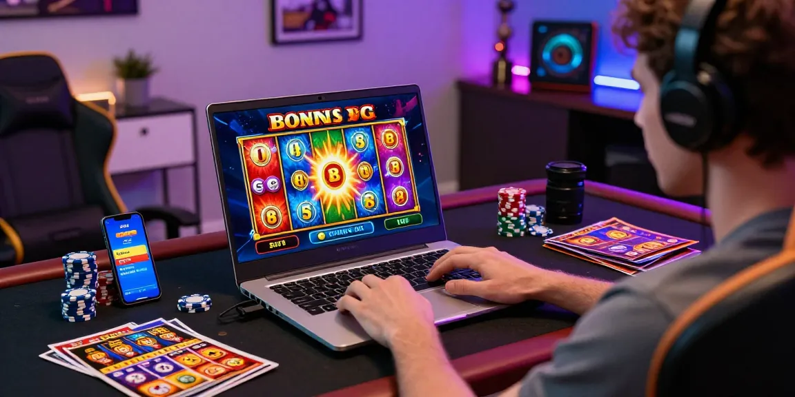 Player excitedly engaging with bonus buy slots game on laptop here, vibrant animations and dynamic atmosphere in a modern gaming setup.