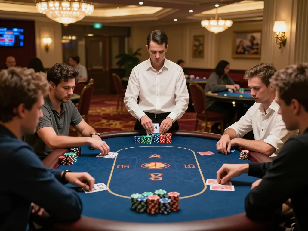 BIOSKOP69 suasana permainan poker dengan dealer dan pemain yang merencanakan strategi untuk menang.