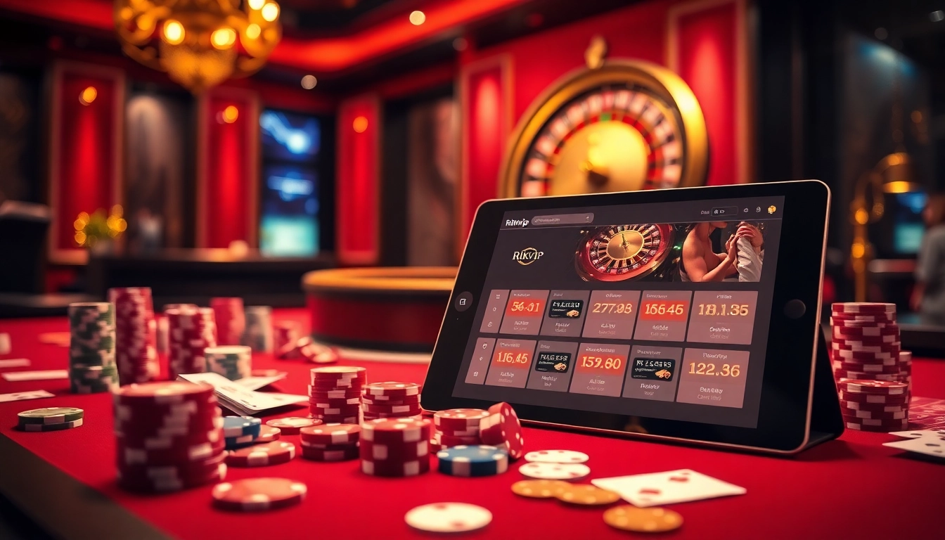 Rikvip gamblers placing bets at an elegant casino table with vibrant chips and cards.