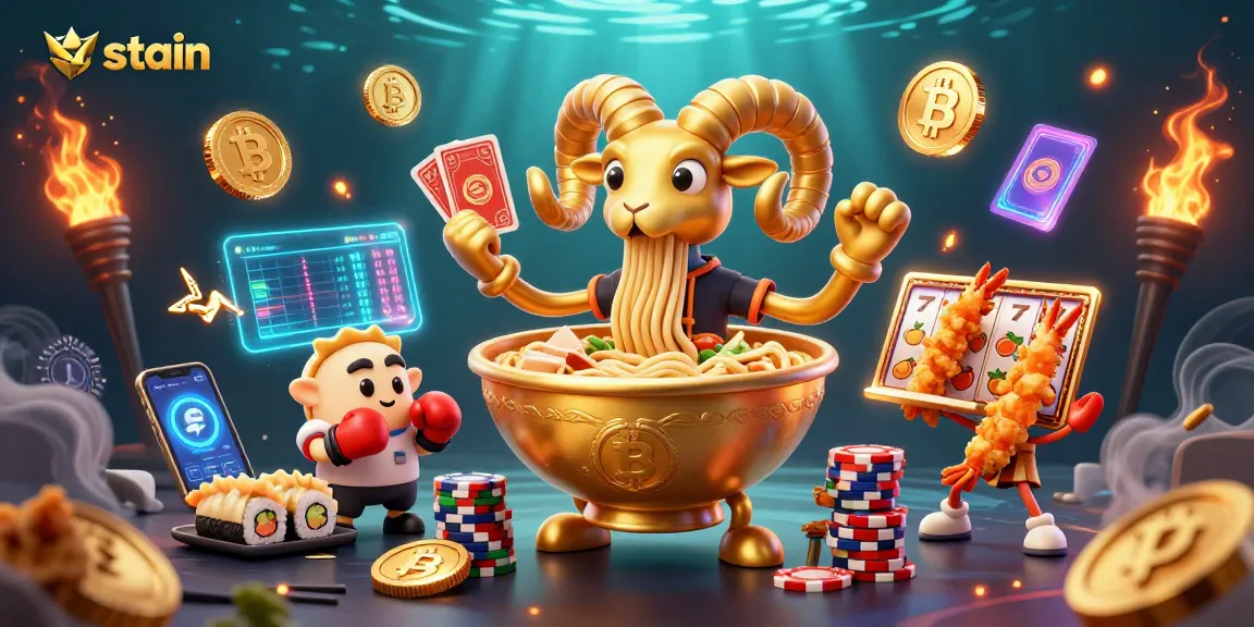 Engage with a lively casino scene featuring a giant ramen bowl character gaming with crypto elements and slot machine action, stain.