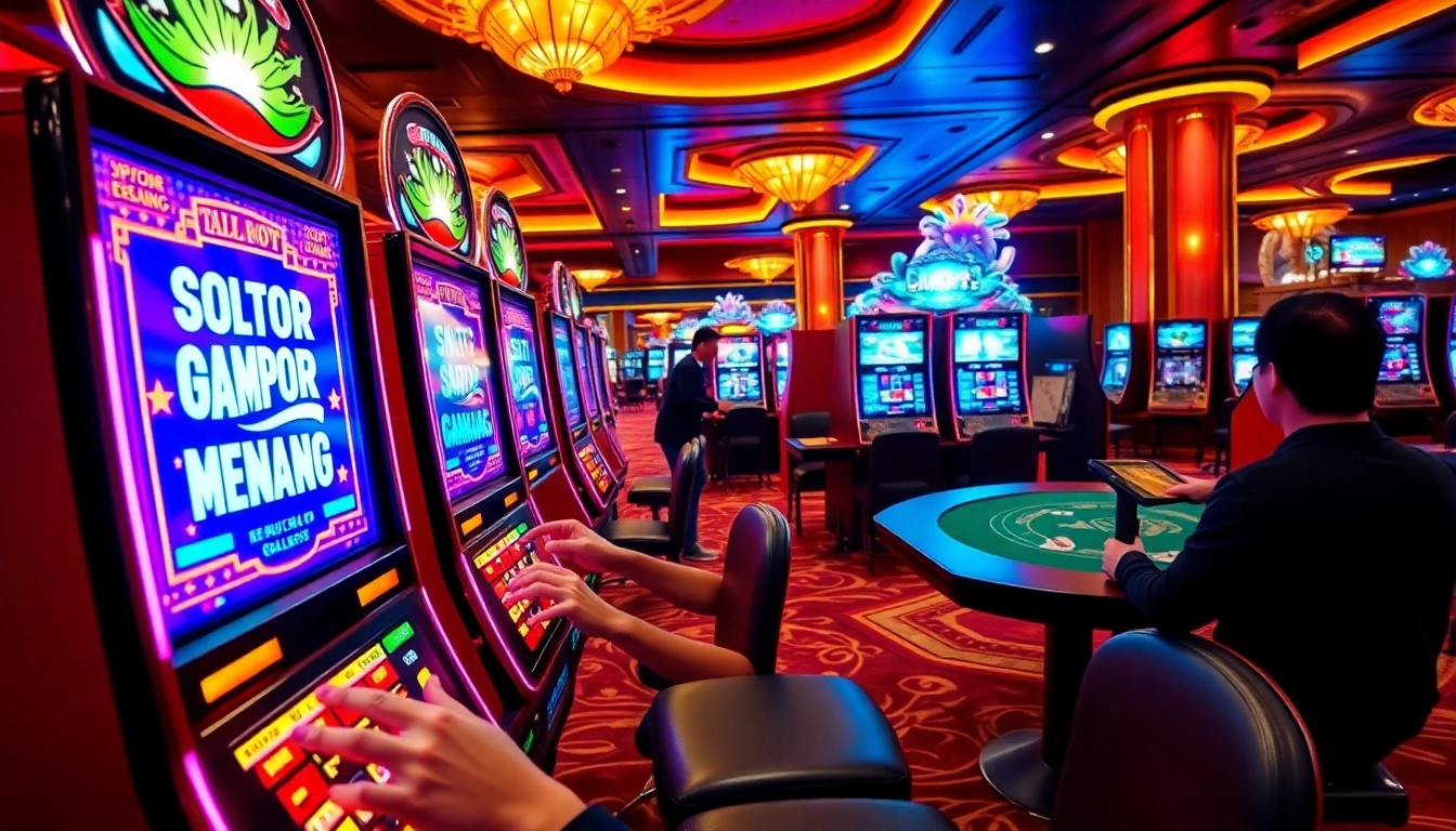 Pemain slot gacor gampang menang menikmati mesin slot yang berwarna-warni dalam suasana kasino mewah.