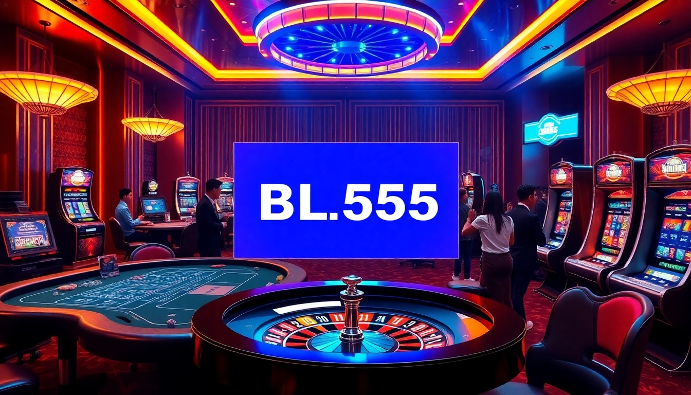 Exciting casino atmosphere showcasing BL555 with players at poker tables and roulette wheels.