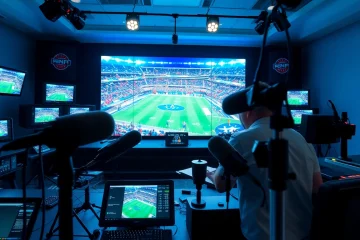 Engaging broadcast in sports broadcasting studio with vibrant visuals and action-packed ambiance.
