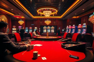 Engaged players strategizing at a luxurious MB66 poker table in a vibrant casino setting.