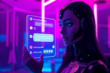 Engaging AI chat porn experience with a stylish chatbot in a futuristic digital lounge.