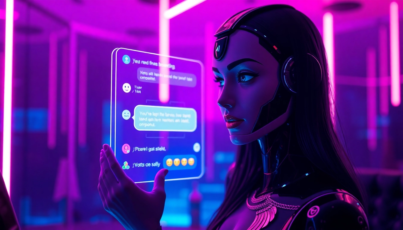 Engaging AI chat porn experience with a stylish chatbot in a futuristic digital lounge.