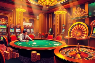 Kèo nhà cái 5 betting action at a luxurious casino table with poker chips and a roulette wheel.