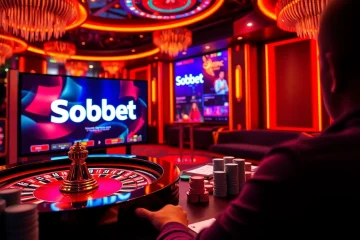 Engage with sbobet login indonesia in a vibrant online gambling scene filled with roulette wheels and poker chips.
