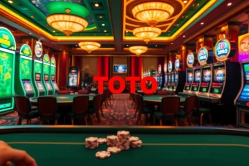 Toto Macau live draw with vibrant casino tables and chips, capturing the excitement of gambling.