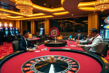 Players enjoying a thrilling poker game at a luxurious venue, showcasing Nhà cái uy tín in action.