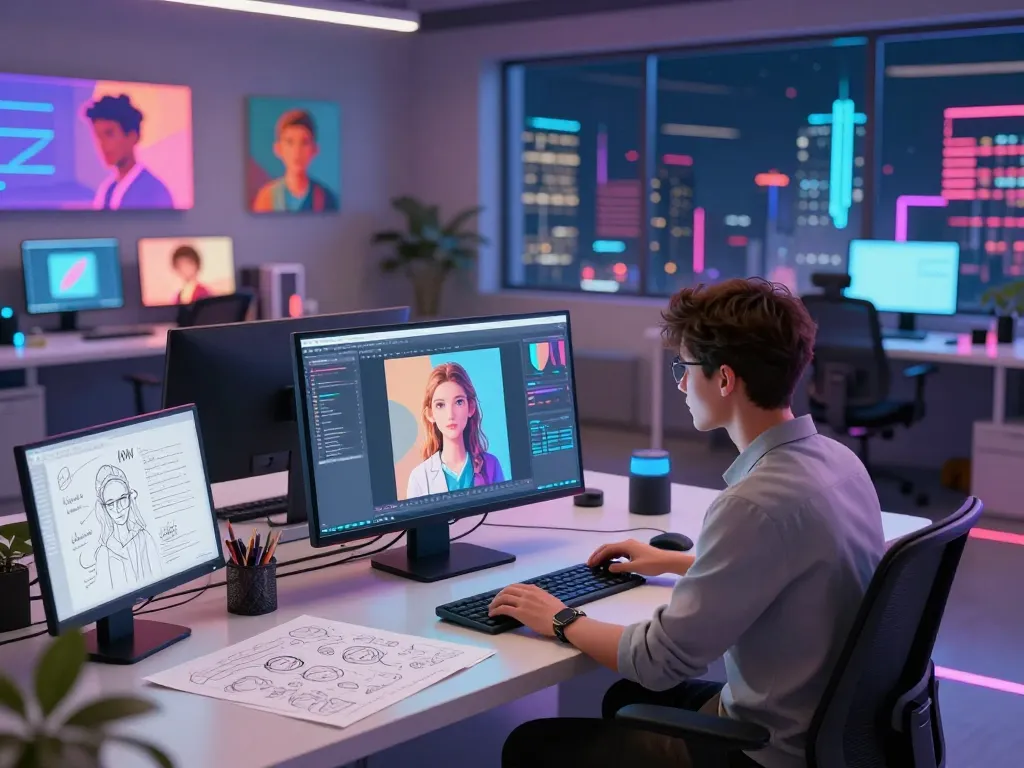 Engaging user interacting with ai nsfw image generator in a vibrant futuristic workspace, showcasing creative technology.