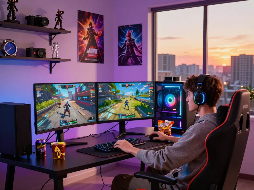 Young adult enjoying engaging porngames in a vibrant gaming room.