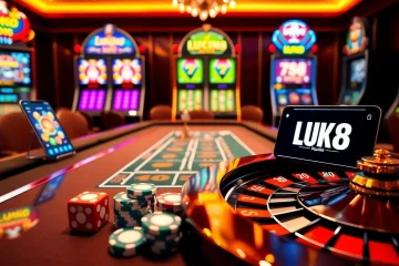 LUCK8 gaming table at a vibrant casino with poker chips and slot machines, showcasing excitement.