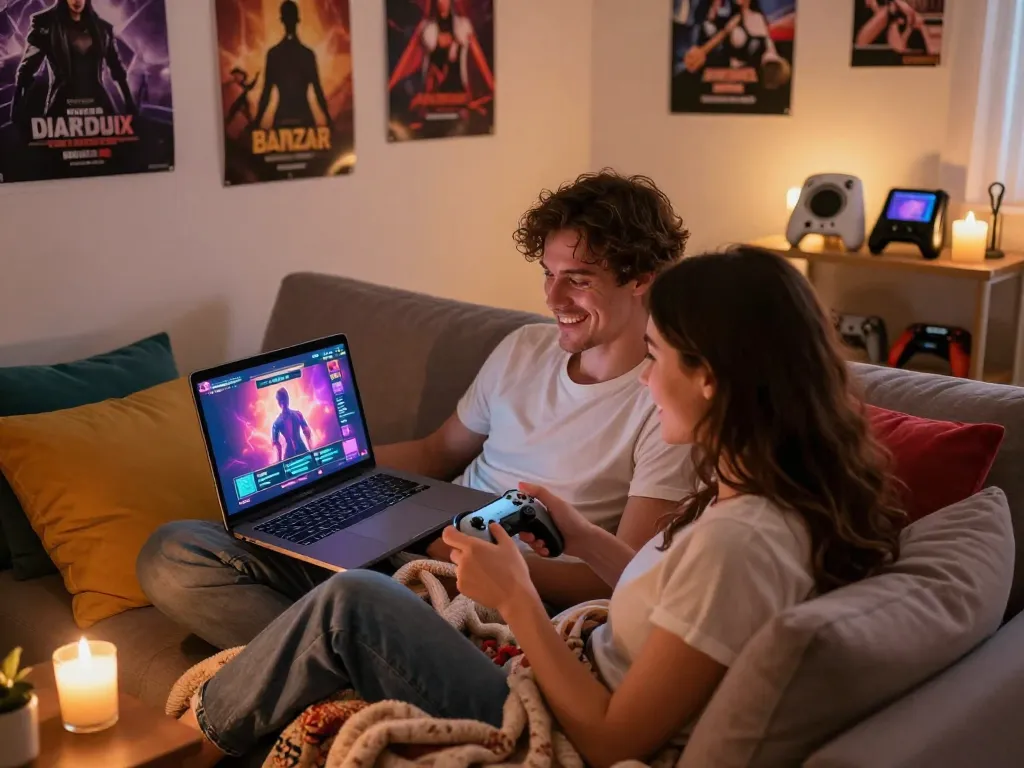 Couple enjoying sex games together on a cozy couch, surrounded by colorful pillows and ambient candlelight.