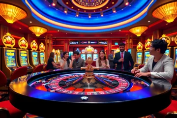 Excited players enjoying thrilling dn88 casino games at a luxurious roulette table.