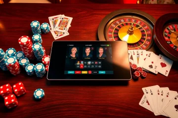 Strategic gambler placing bets on a digital interface at a Nhà cái uy tín casino with vibrant poker chips and roulette wheel