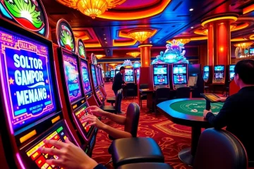 Pemain slot gacor gampang menang menikmati mesin slot yang berwarna-warni dalam suasana kasino mewah.