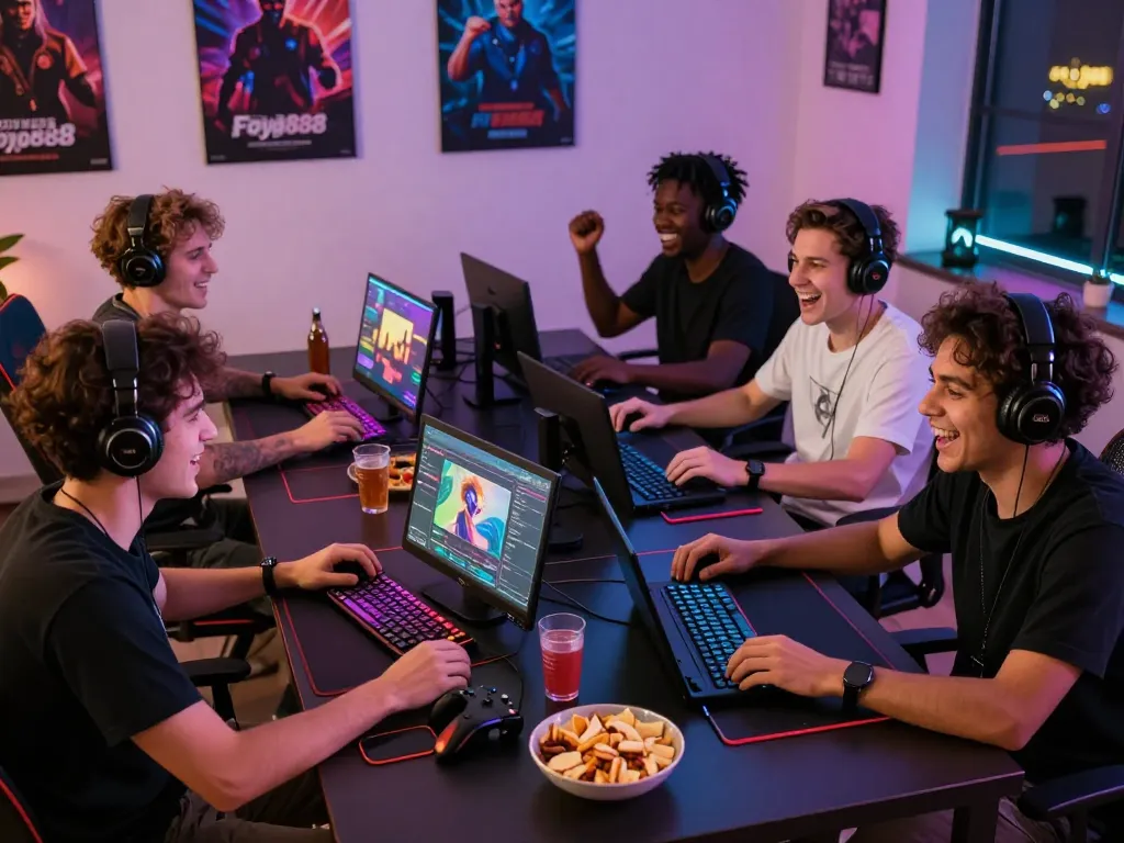 Players enjoying Foya888 games at home with vibrant atmosphere and gaming gear.