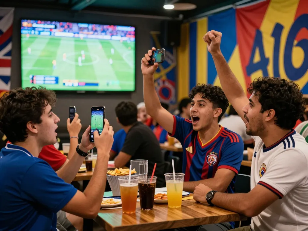 Exciting fan zone scene with viewers streaming trực tiếp socolive football matches on their smartphones.