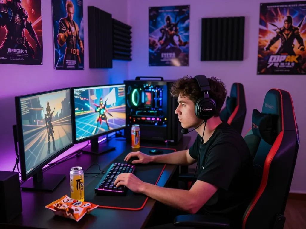 Engaging gaming setup with OMBAK77 on screens showcasing vibrant lighting and an intense atmosphere.