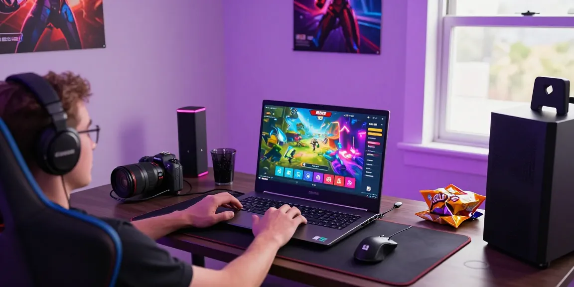 Engaging gaming scene featuring Raja Game login on a vibrant laptop setup with gaming accessories & colorful graphics.